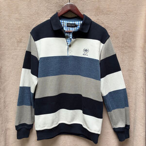 Men's Ethnic Blue Striped Polo Sweatshirt M Navy Blue White Grey